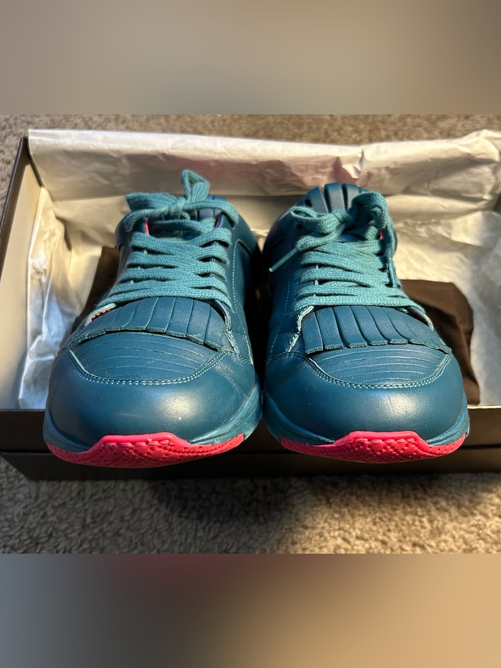 Gucci Teal & Pink Leather Fringe Sneakers — Style 368482 |M US 7 Women US 8.5